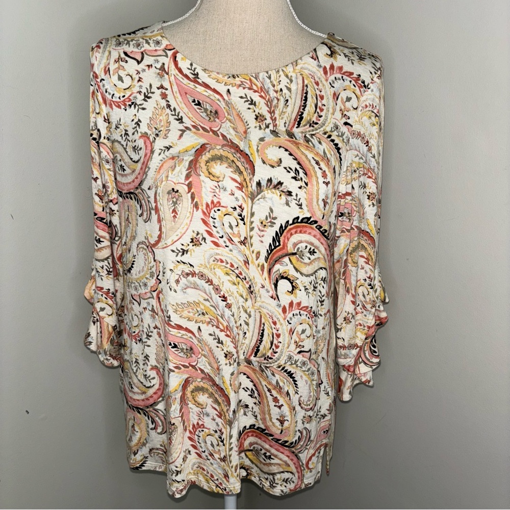 Chico's stretchy paisley ruffle elbow-sleeve top cream peach size 0 Small 4